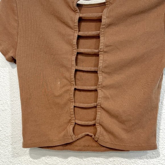 Home Girl Society Crop Top Lattice Back Butterfly CHANGE IS BEAUTIFUL Brown XS - Picture 7 of 7
